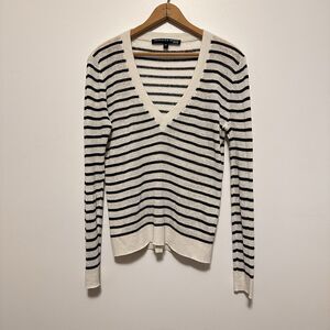 Veronica Beard Womens Linen Long Sleeve V Neck Stripe Top Black White Sz L